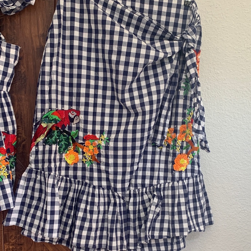Zara Blue and White Gingham Skirt Set with Floral Embroidery - Picture 2 of 8